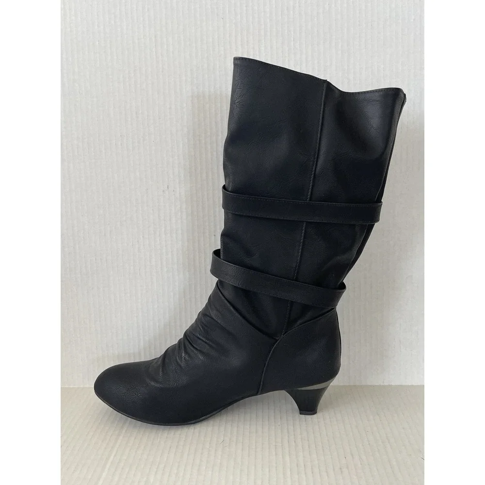 Stylish Black Slouch Mid Calf Double Buckle Boots EU 43 US 11 NWOB Kitten Heel